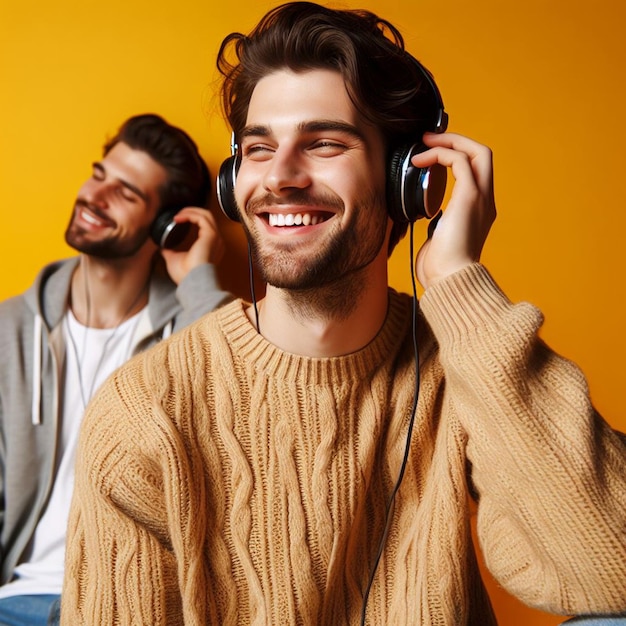 smiling person listening to music with headphones on