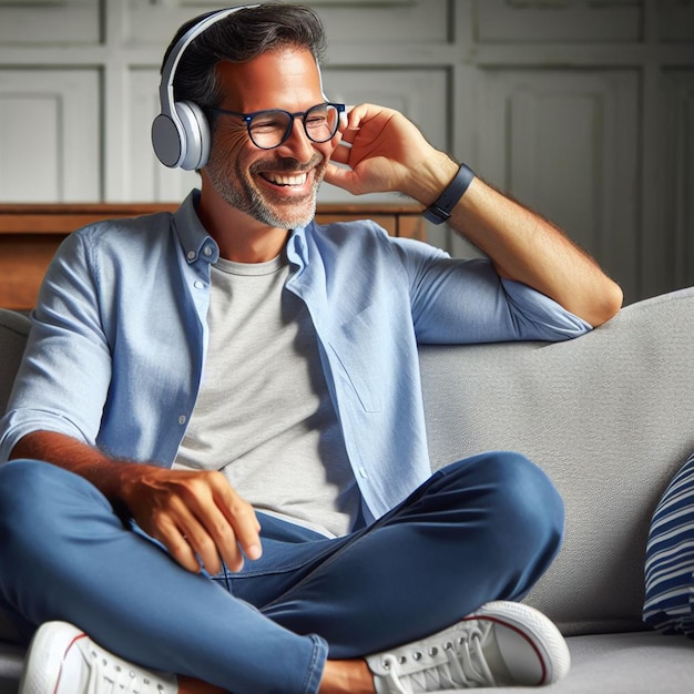 smiling person listening to music with headphones on