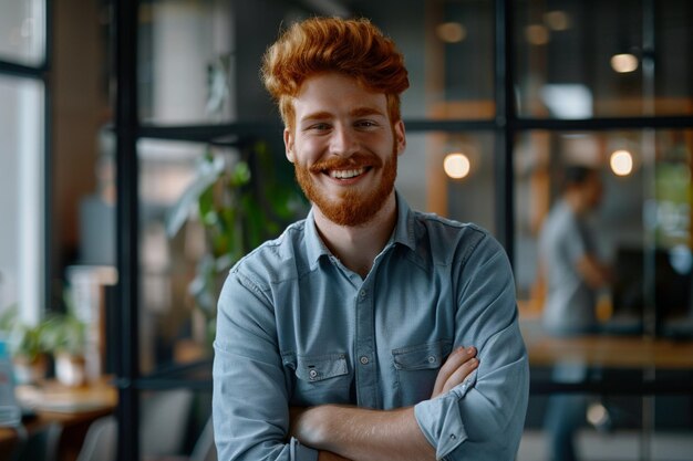 Smiling person young standing together portrait of staff inside modern JOB smiling to camera