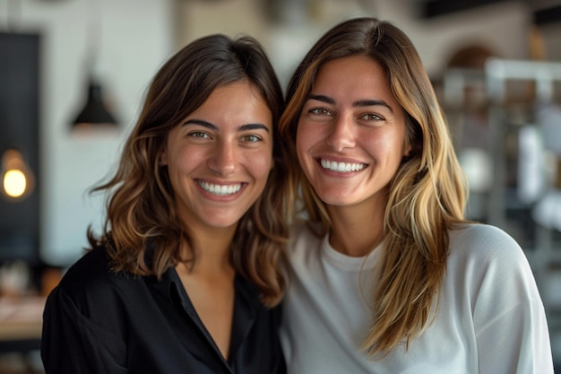 Smiling person young standing together portrait of staff inside modern JOB smiling to camera