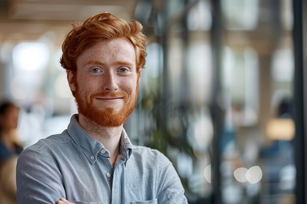 Smiling person young standing together portrait of staff inside modern JOB smiling to camera