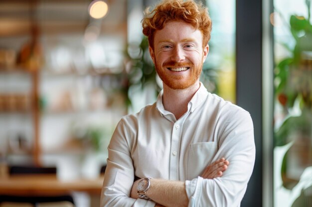 Smiling person young standing together portrait of staff inside modern JOB smiling to camera