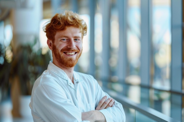 Smiling person young standing together portrait of staff inside modern JOB smiling to camera