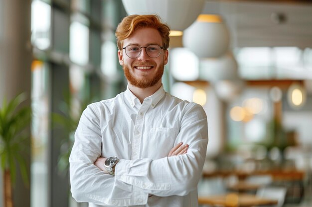 Smiling person young standing together portrait of staff inside modern JOB smiling to camera