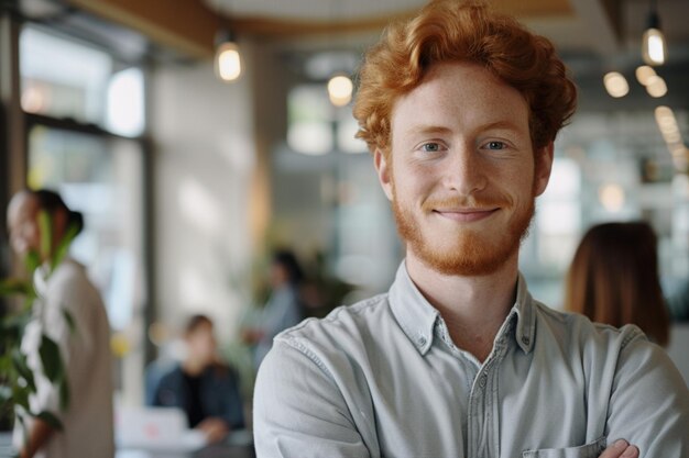 Smiling person young standing together portrait of staff inside modern JOB smiling to camera