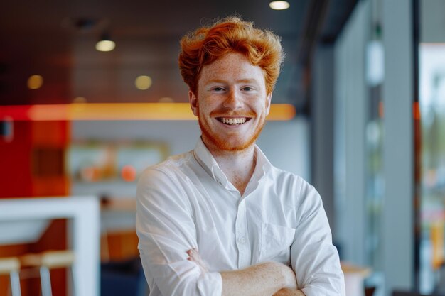 Smiling person young standing together portrait of staff inside modern JOB smiling to camera