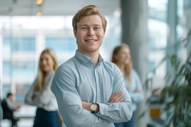 Smiling person young standing together portrait of staff inside modern JOB smiling to camera