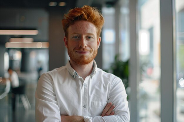 Smiling person young standing together portrait of staff inside modern JOB smiling to camera