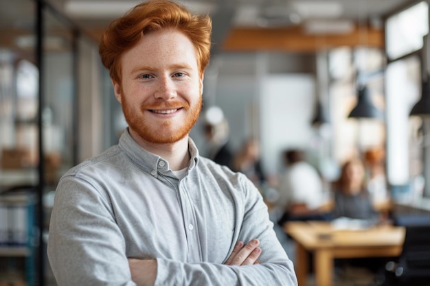 Smiling person young standing together portrait of staff inside modern JOB smiling to camera