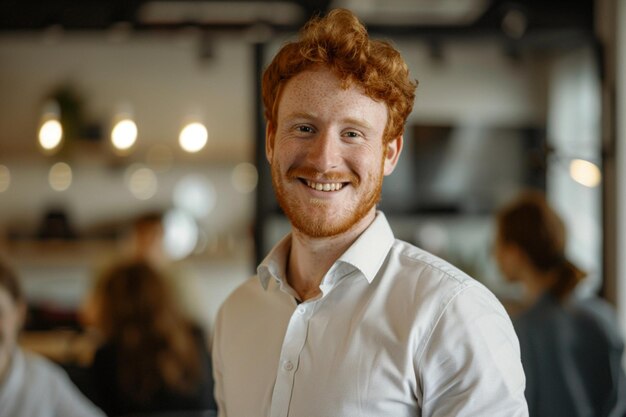 Smiling person young standing together portrait of staff inside modern JOB smiling to camera