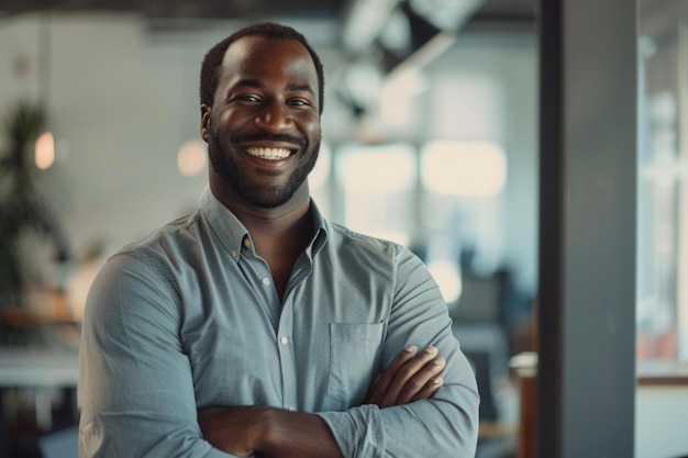 Smiling person young standing together portrait of staff inside modern JOB smiling to camera