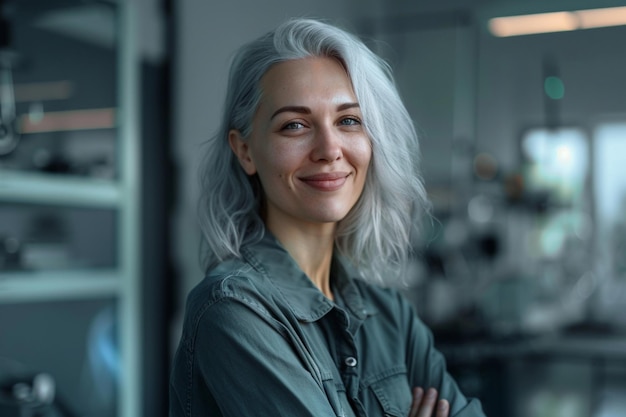 Smiling person young standing together portrait of staff inside modern JOB smiling to camera