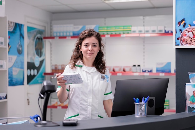 Smiling pharmacy worker looking at camera while working in drugstore, checking drugs leaflet. Pharmacist selling supplements, vitamin, pills for immune system, health care support service