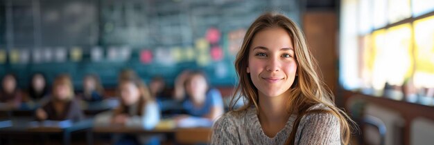 Smiling photograph of a Caucasian female high school teacher Generative Ai