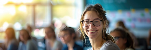 Smiling photograph of a Caucasian female high school teacher with a student in the classroom Generative Ai