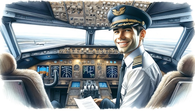 A smiling pilot in the cockpit of an airplane ready for takeoff showcasing confidence and professionalism