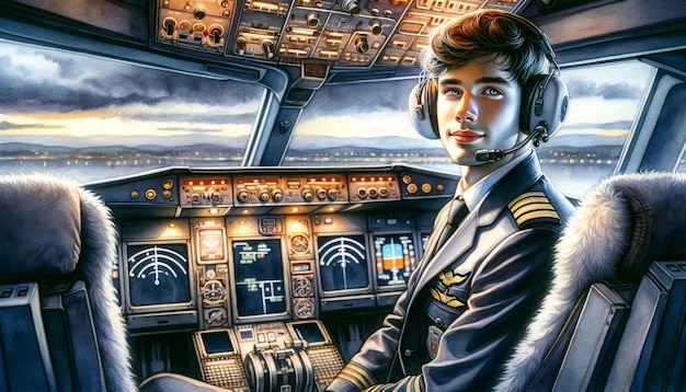 A smiling pilot in the cockpit of an airplane ready for takeoff showcasing confidence and professionalism