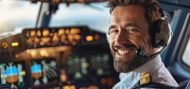 Photo smiling pilot in cockpit