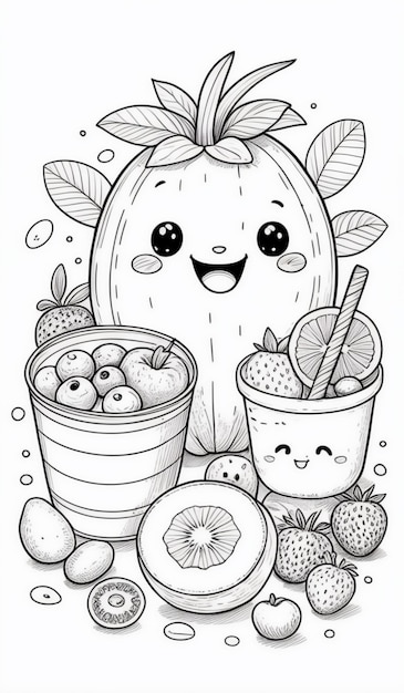 Photo smiling pineapple surrounded by fruits and leaves drawing coloring book