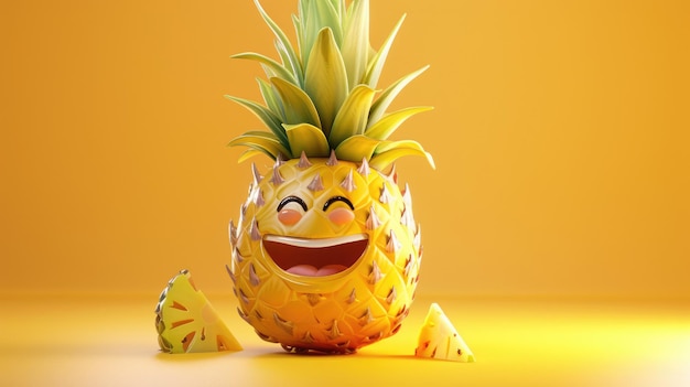 Photo smiling pineapple with slices on a yellow background