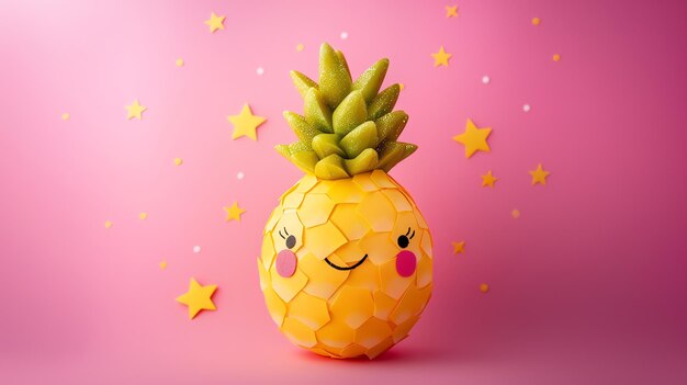 Photo smiling pineapple with stars on a pink background