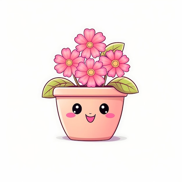 Photo smiling pink flower pot illustration with green leaves