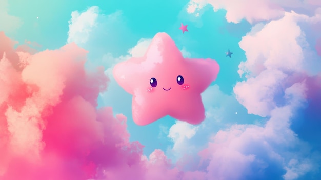 Smiling Pink Star in a Pastel Sky with Clouds