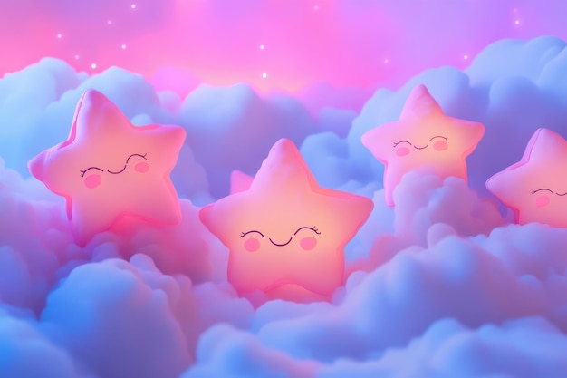 Smiling Pink Stars Resting on Fluffy Clouds in a Dreamy Sky