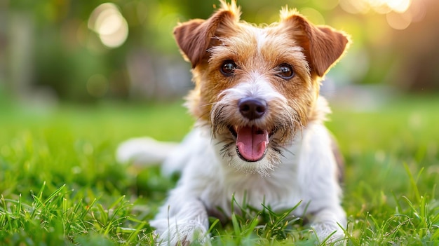 A smiling and playful Jack Russell dog relaxing outside on a sunny summer day full of joy and energy