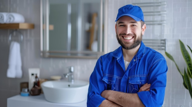 Photo the smiling plumber in uniform