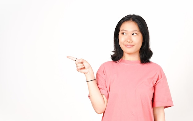 Smiling and Pointing side copy space Of Beautiful Asian Woman Isolated On White Background