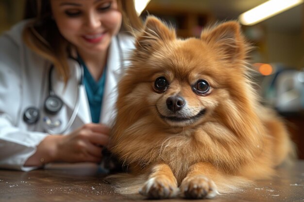 A smiling Pomeranian dog on a vet39s table with a cheerful veterinarian in the background showcasing veterinary care and animal happiness