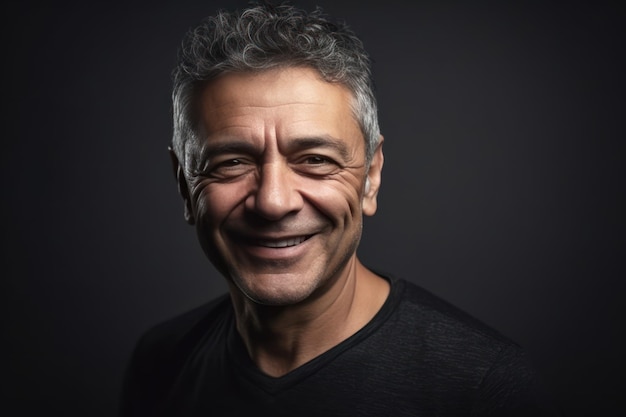 Smiling portrait middle aged man isolated on black shirt and white grey background