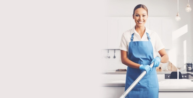 Smiling portrait woman professional cleaner in apron providing efficient office and home cleaning