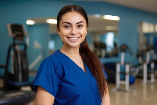 Smiling portrait of a young Physical Therapy Assistant wearing blue scrubs with a stethoscope