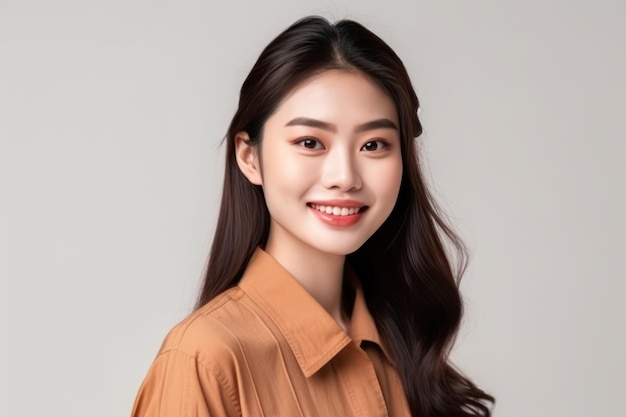 Smiling positive attractive asian young woman wearing casual dress portrait of beautiful brunette her with long brown hair feeling happy looking to camera standing isolated on white background