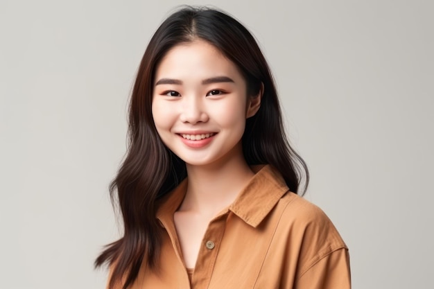 Smiling positive attractive asian young woman wearing casual dress portrait of beautiful brunette her with long brown hair feeling happy looking to camera standing isolated on white background