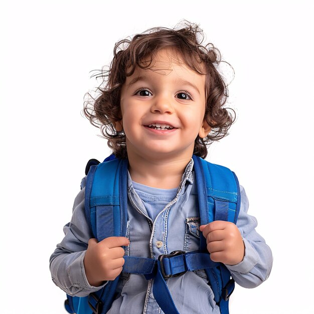 Photo smiling pre school kid with backpack isolated white background