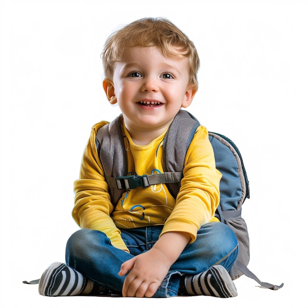 Photo smiling pre school kid with backpack isolated white background