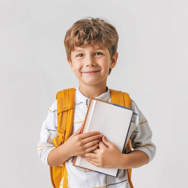 Smiling pre school kid with backpack isolated white background