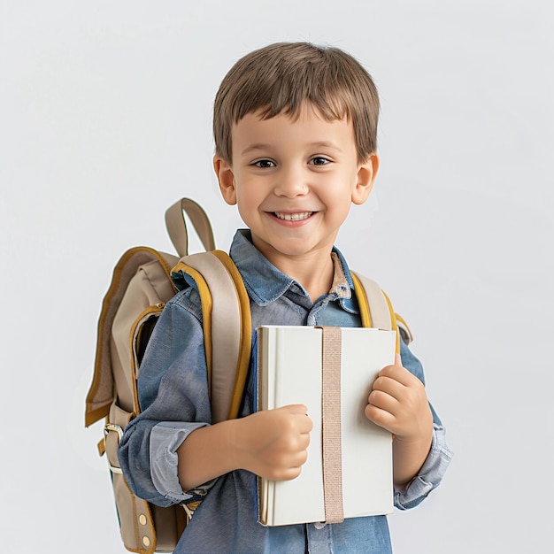 Smiling pre school kid with backpack isolated white background