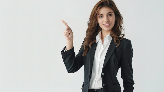 smiling pretty wellgroomed young woman showing index finger up isolated on white background empty