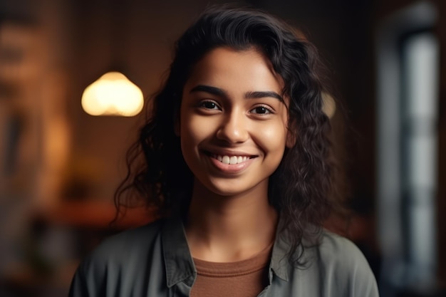 Smiling pretty young adult indian woman looking at camera posing at modern home arms crossed cheerful happy ethnic girl student self employed lady laughing enjoying distance job education portrait