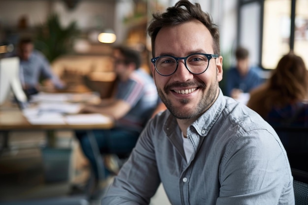 Smiling professional man in an office setting radiates positivity and approachability