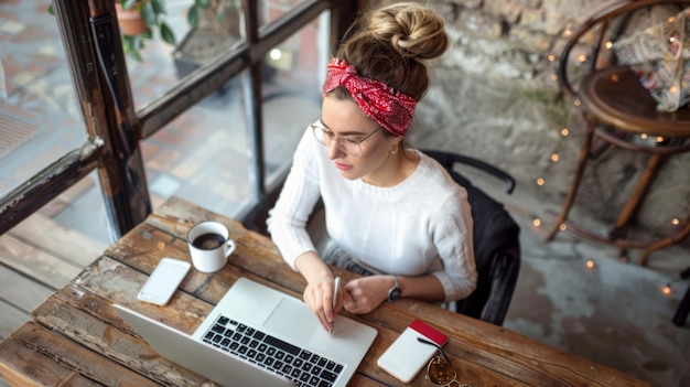 A smiling professional woman with glasses is seated in a corporate office environment with her team working in the background