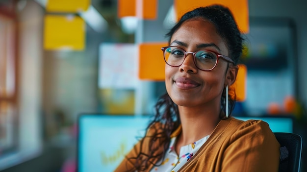 Smiling professional woman with glasses in office Colorful sticky notes background