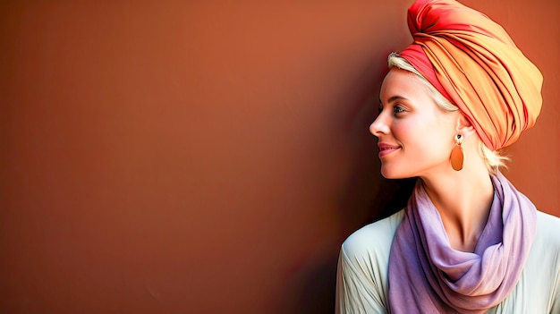 Photo smiling in profile her naturally madeup beauty shines against a clean backdrop with copy space