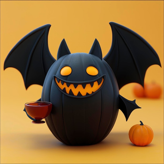 Smiling Pumpkin Bat with Wine Glass for Halloween