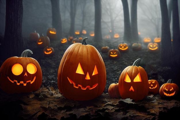 Smiling pumpkins with glowing eyes over dry leaves in spooky Halloween forest at foggy night 3D digital illustration