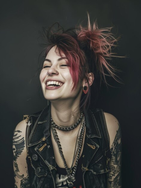 A smiling punk female with piercings and tattoos